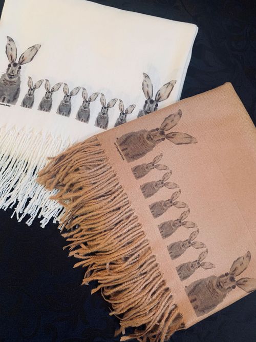 Hares Handprinted on Cashmere Blend Scarves